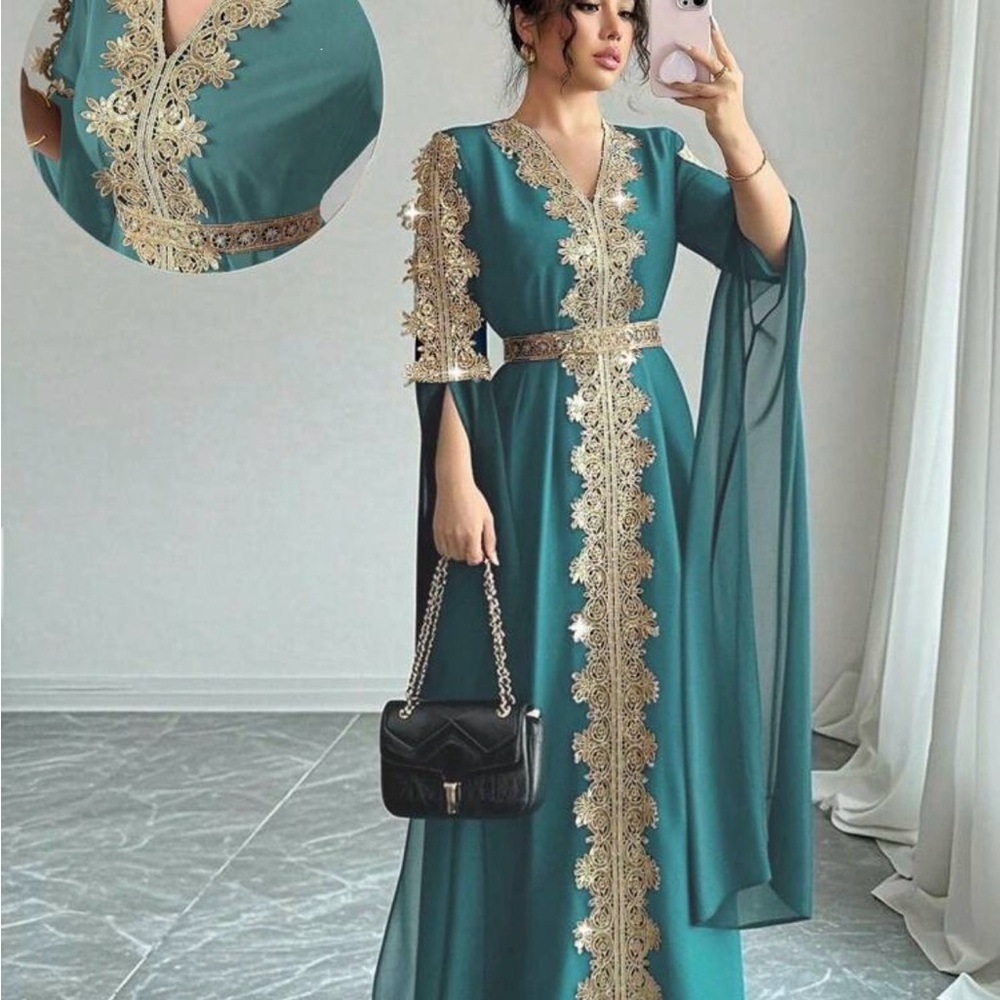 Teal and Gold Long Sleeve Women's Dress